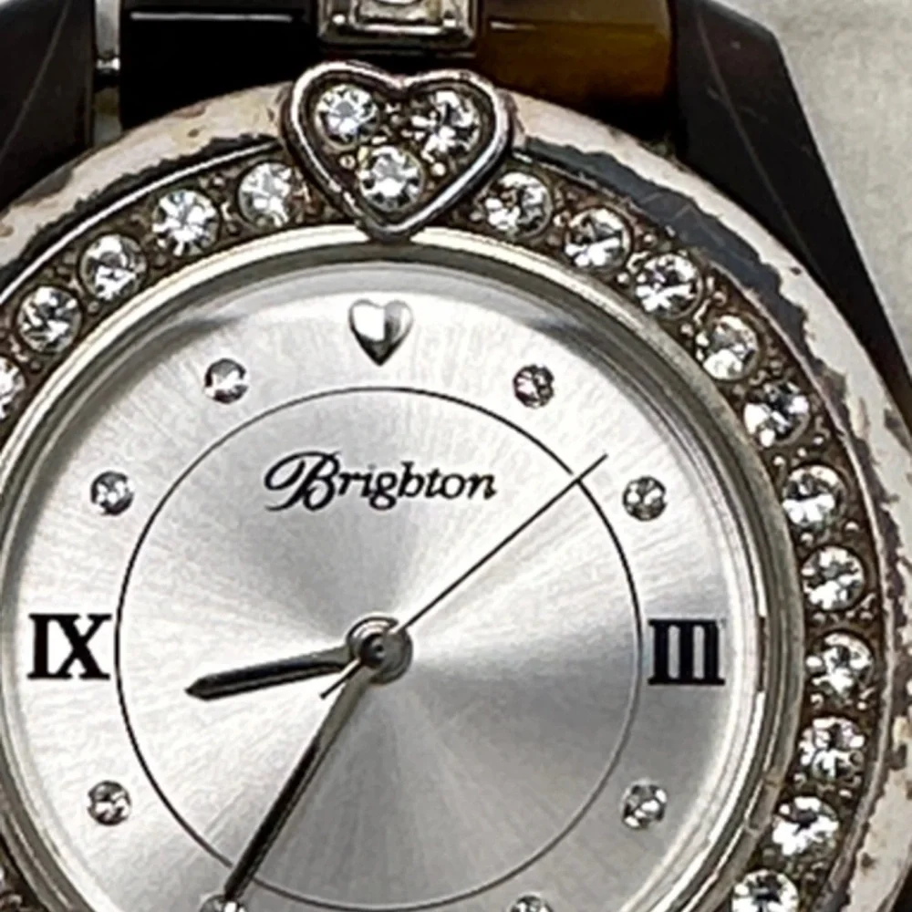 Brighton Women's Silver and Brown Tortoise Link Heart Watch w/ Rhinestones 2.75”